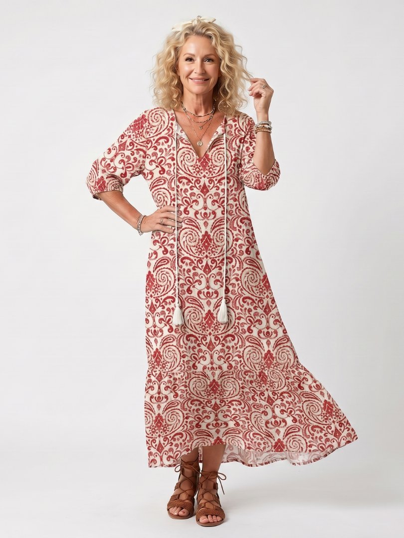 Noelle | Ornate Print Tassel Tie Midi Dress Hero