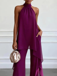 Purple Halter Sleeveless Elegant Top With Pants Two-Piece Set Detail