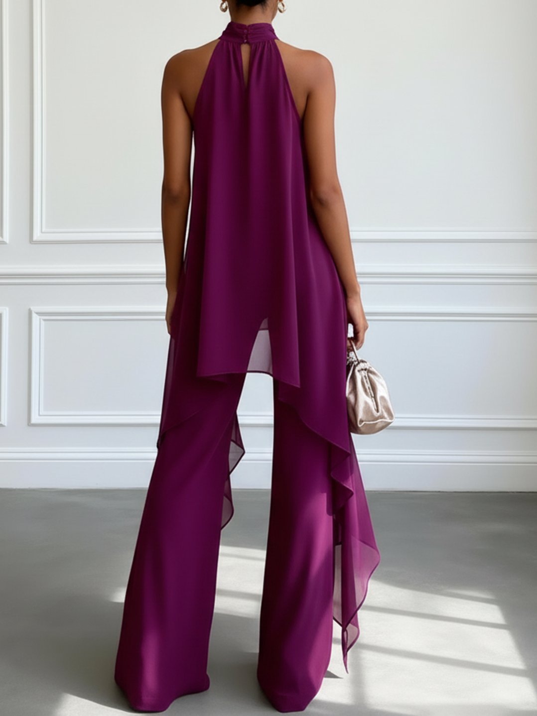 Purple Halter Sleeveless Elegant Top With Pants Two-Piece Set Front