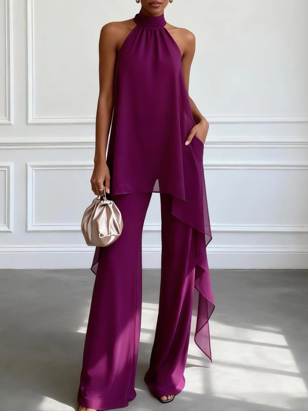 Purple Halter Sleeveless Elegant Top With Pants Two-Piece Set Hero