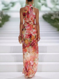 Red Chiffon Floral Halter-neck Sleeveless Maxi Dress Front