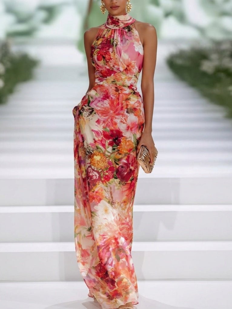 Red Chiffon Floral Halter-neck Sleeveless Maxi Dress Hero