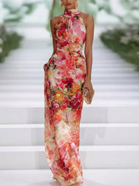 Red Chiffon Floral Halter-neck Sleeveless Maxi Dress Hero