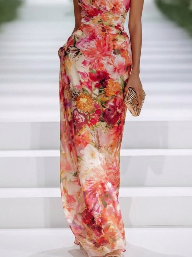 Red Chiffon Floral Halter-neck Sleeveless Maxi Dress Side