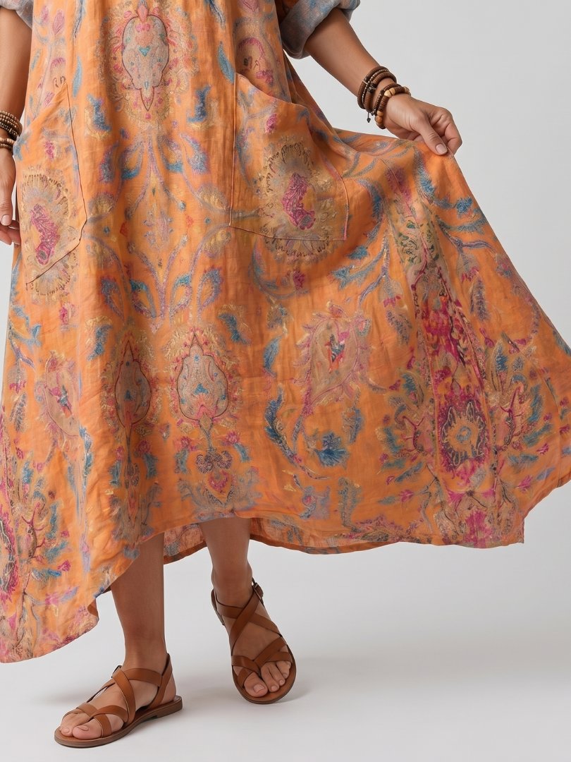 Remi | Notch Neck Printed Oversized Pocket Midi Dress Detail