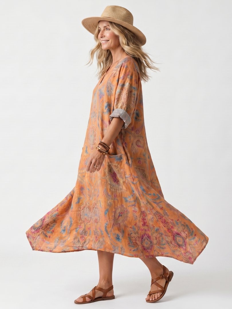 Remi | Notch Neck Printed Oversized Pocket Midi Dress Front