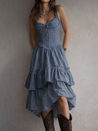 Retro Boho Corset Tiered Midi Dress With Lace-Trim Angle