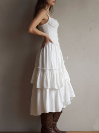Retro Boho Corset Tiered Midi Dress With Lace-Trim Close Up