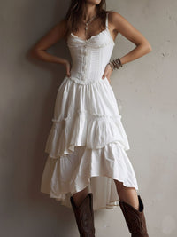 Retro Boho Corset Tiered Midi Dress With Lace-Trim Detail