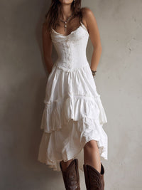 Retro Boho Corset Tiered Midi Dress With Lace-Trim Front
