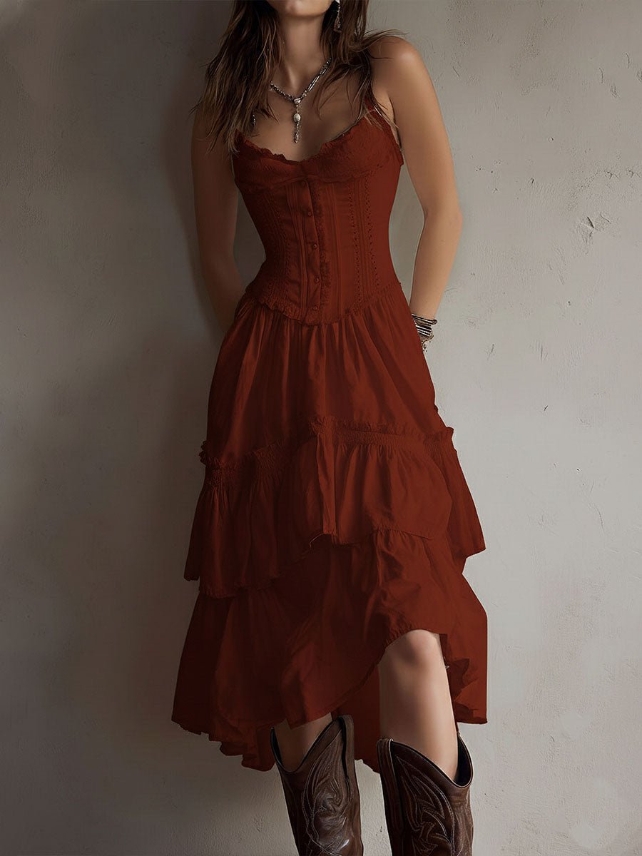 Retro Boho Corset Tiered Midi Dress With Lace-Trim Full