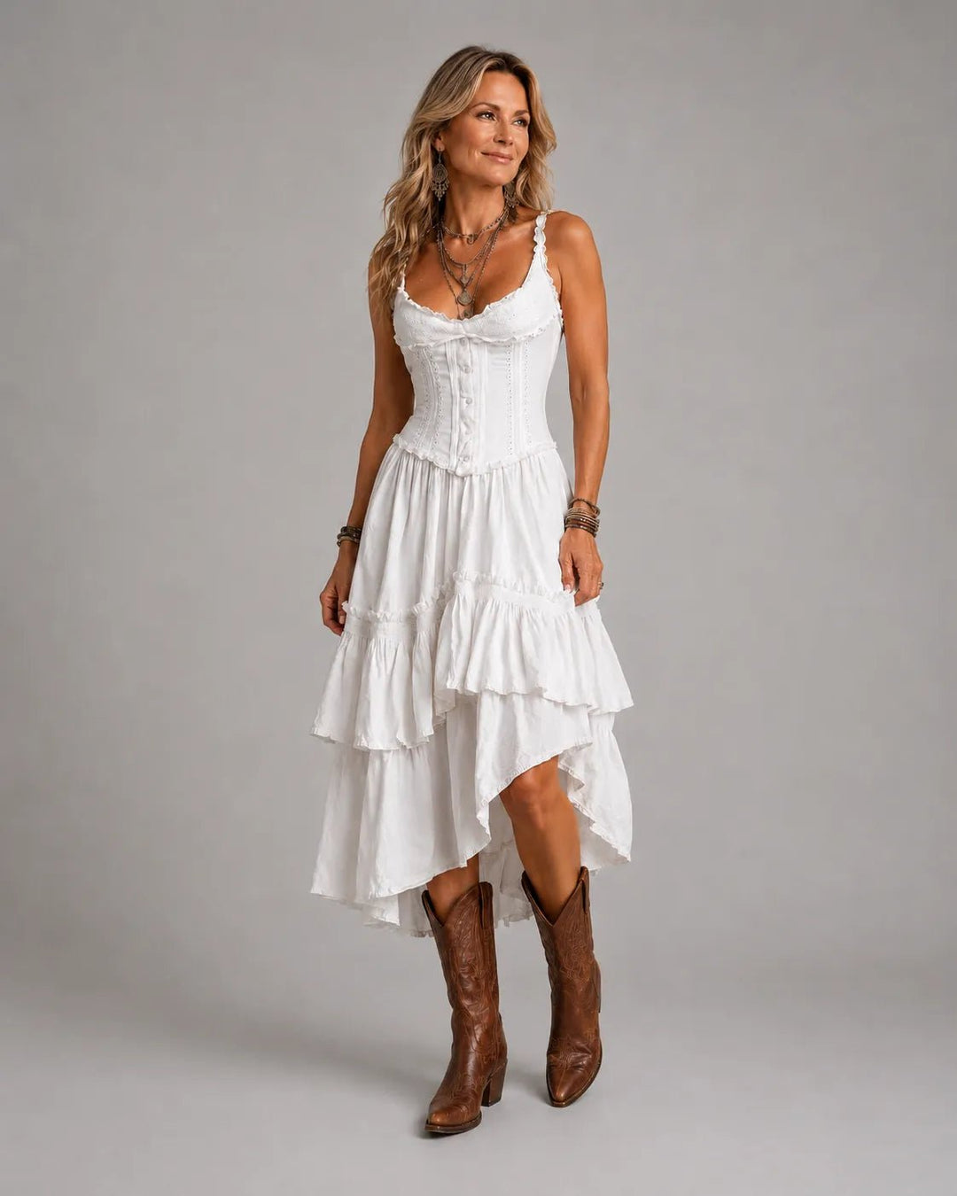 Retro Boho Corset Tiered Midi Dress With Lace-Trim Hero