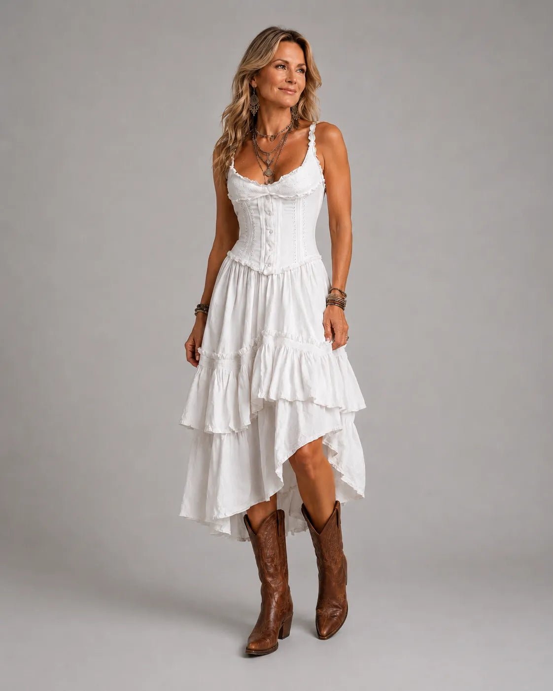 Retro Boho Corset Tiered Midi Dress With Lace-Trim Hero