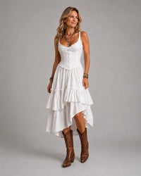 Retro Boho Corset Tiered Midi Dress With Lace-Trim Hero