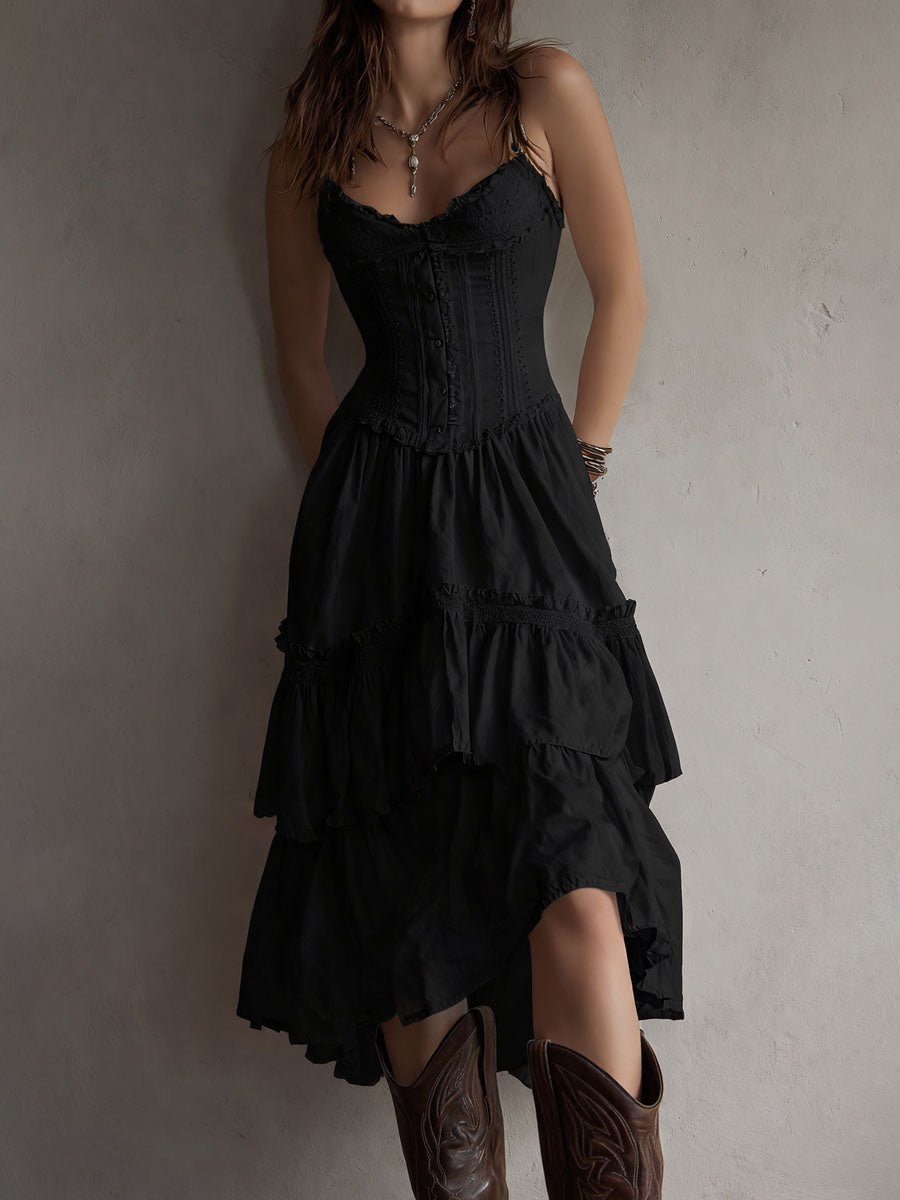 Retro Boho Corset Tiered Midi Dress With Lace-Trim Lifestyle