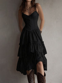 Retro Boho Corset Tiered Midi Dress With Lace-Trim Lifestyle