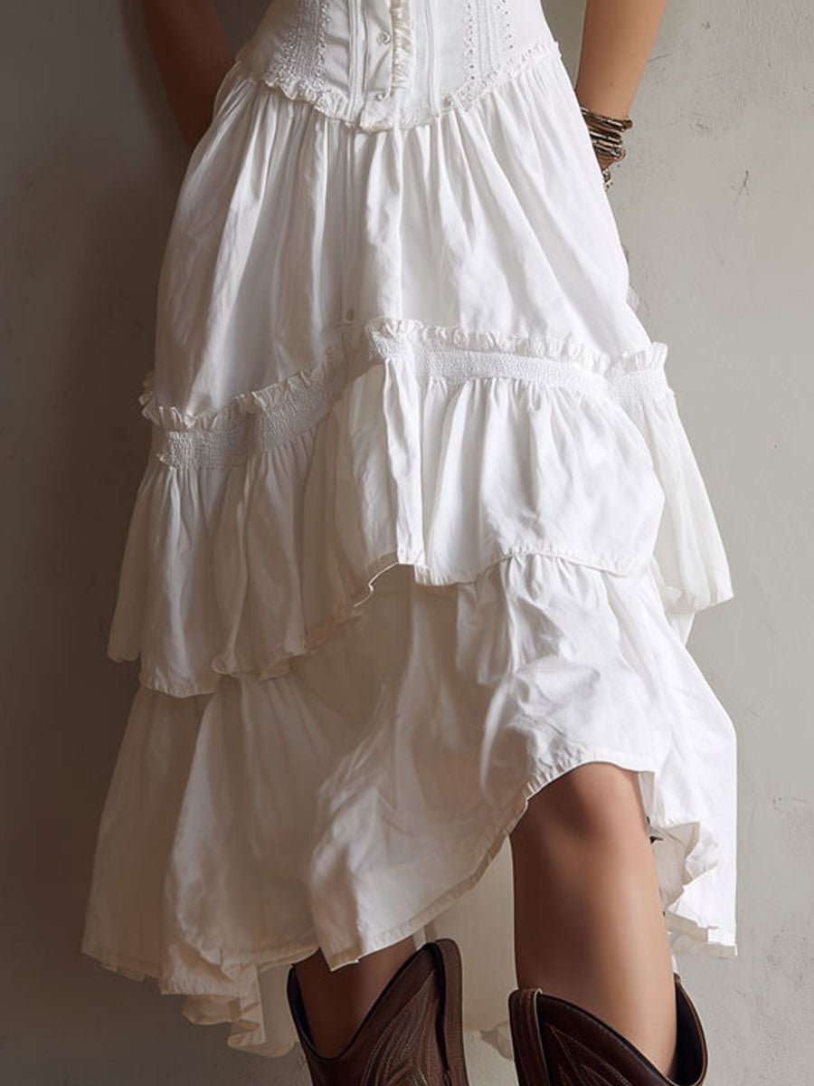 Retro Boho Corset Tiered Midi Dress With Lace-Trim Side
