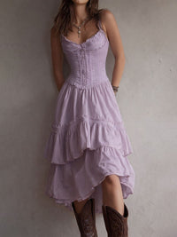 Retro Boho Corset Tiered Midi Dress With Lace-Trim View 11