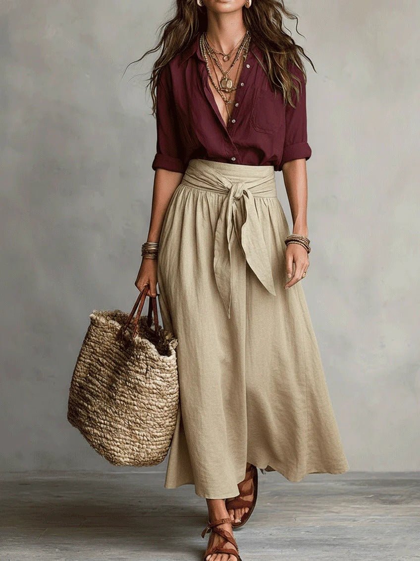 RIVER | Two-Piece Set: Black Top and Olive Green Midi Skirt Angle