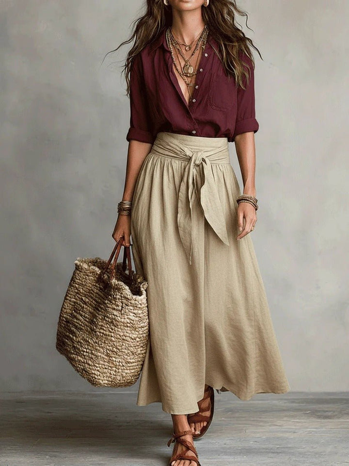 RIVER | Two-Piece Set: Black Top and Olive Green Midi Skirt Angle