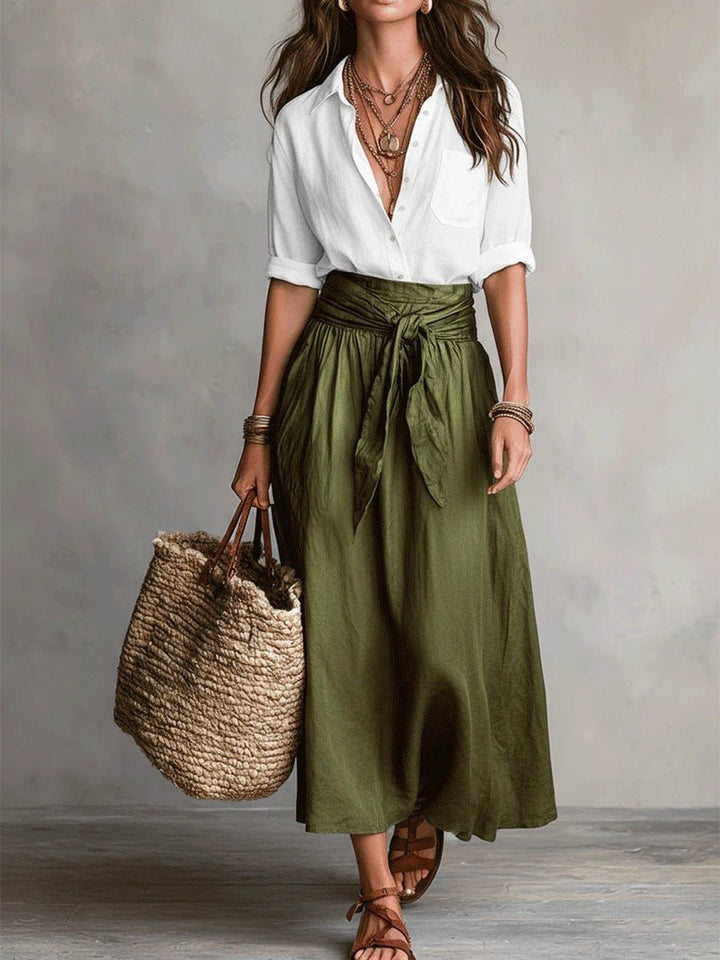 RIVER | Two-Piece Set: Black Top and Olive Green Midi Skirt Close Up