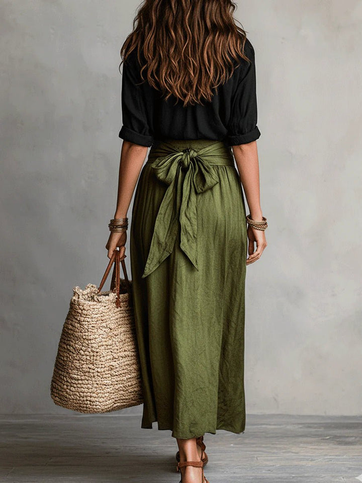 RIVER | Two-Piece Set: Black Top and Olive Green Midi Skirt Detail