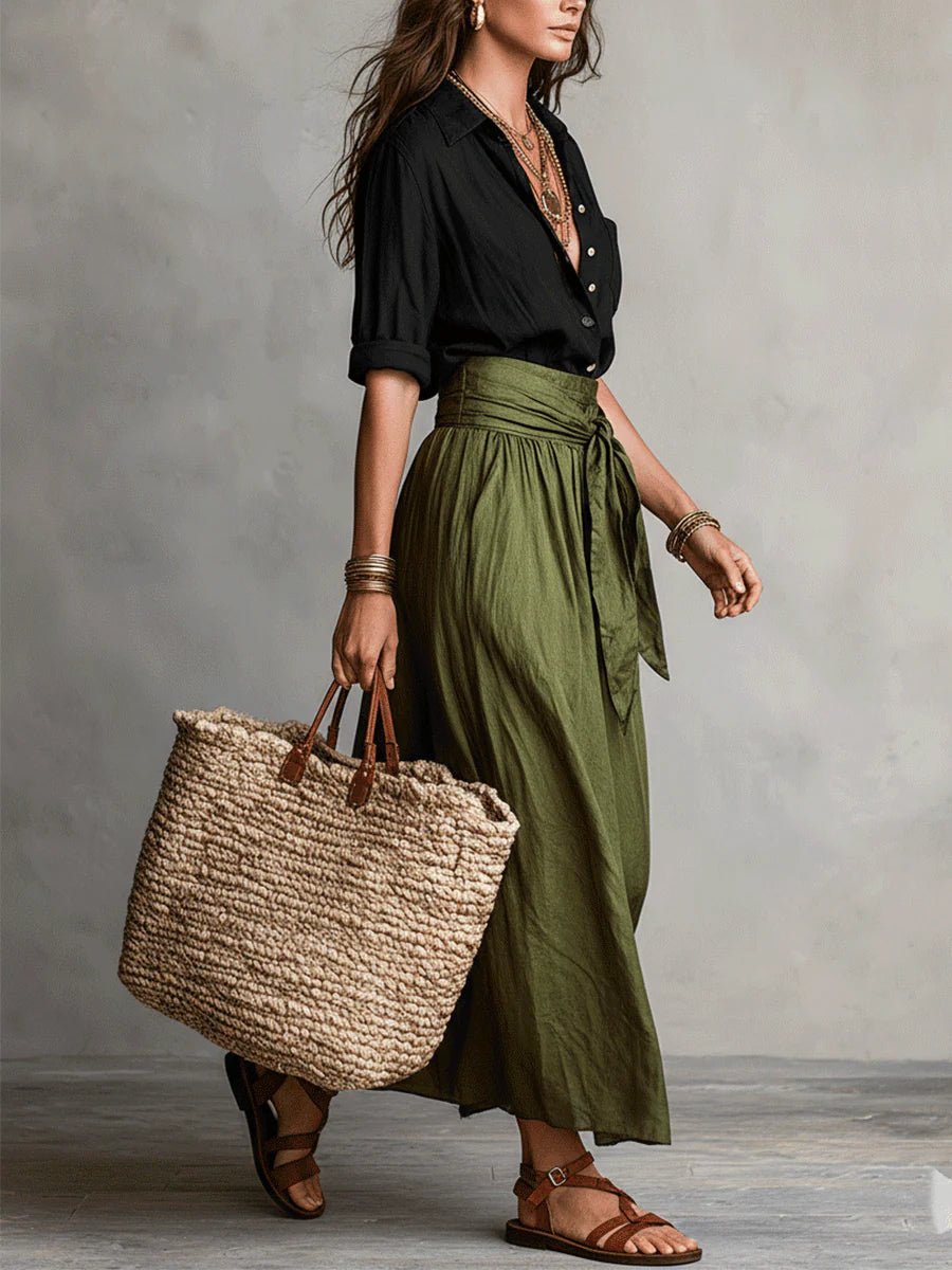 RIVER | Two-Piece Set: Black Top and Olive Green Midi Skirt Front