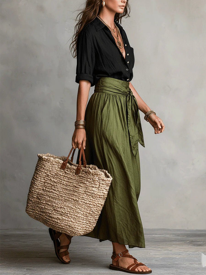 RIVER | Two-Piece Set: Black Top and Olive Green Midi Skirt Front