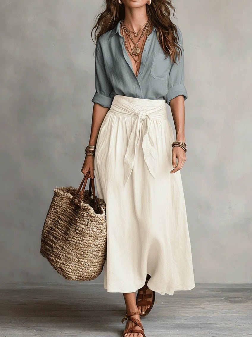 RIVER | Two-Piece Set: Black Top and Olive Green Midi Skirt Full