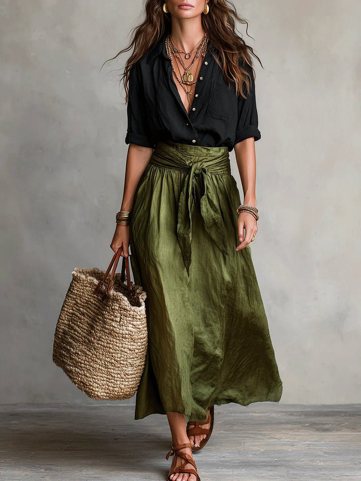 RIVER | Two-Piece Set: Black Top and Olive Green Midi Skirt Hero