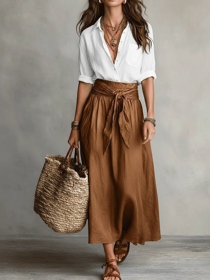 RIVER | Two-Piece Set: Black Top and Olive Green Midi Skirt Lifestyle
