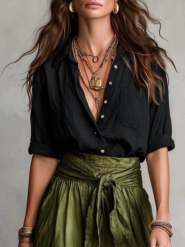 RIVER | Two-Piece Set: Black Top and Olive Green Midi Skirt Side