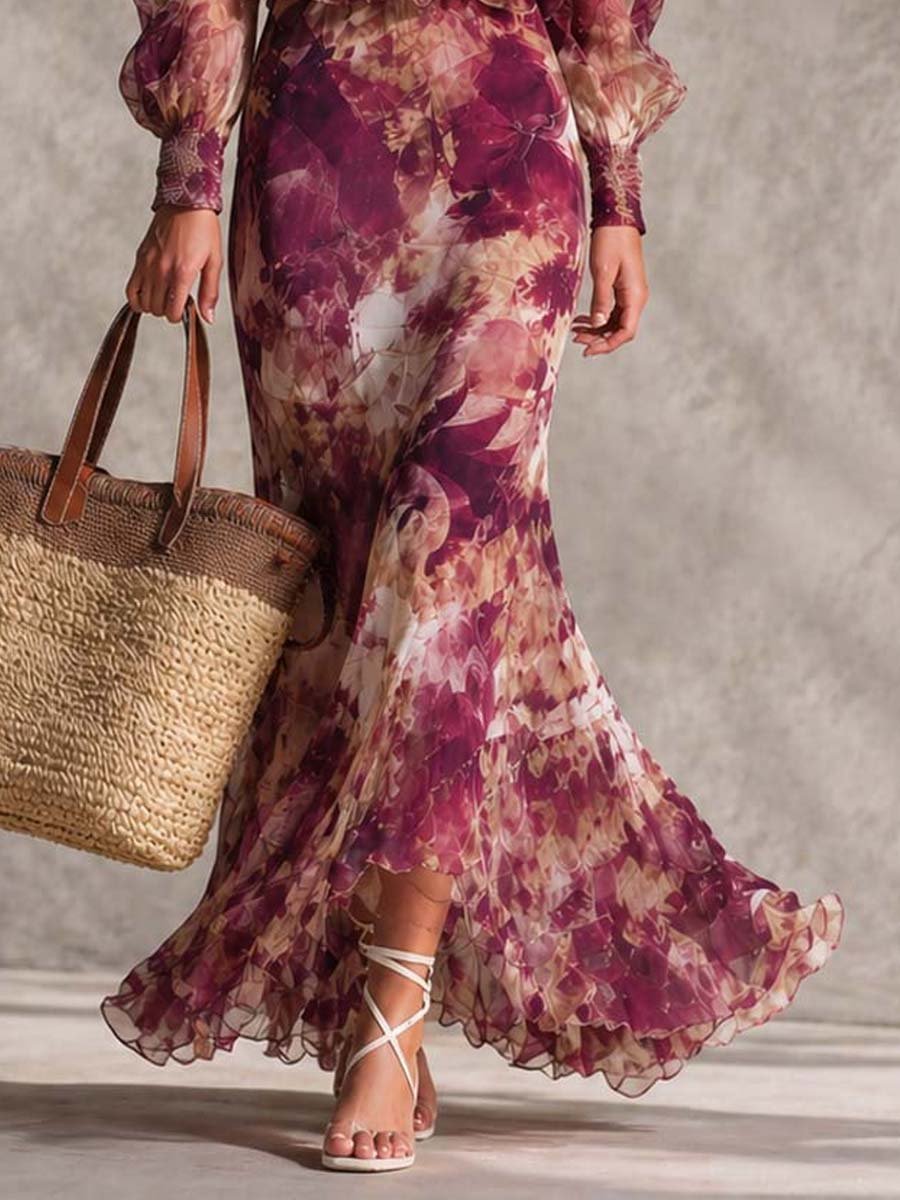 Rose Pink Floral Off-Shoulder Chiffon Maxi Dress Detail