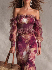 Rose Pink Floral Off-Shoulder Chiffon Maxi Dress Front