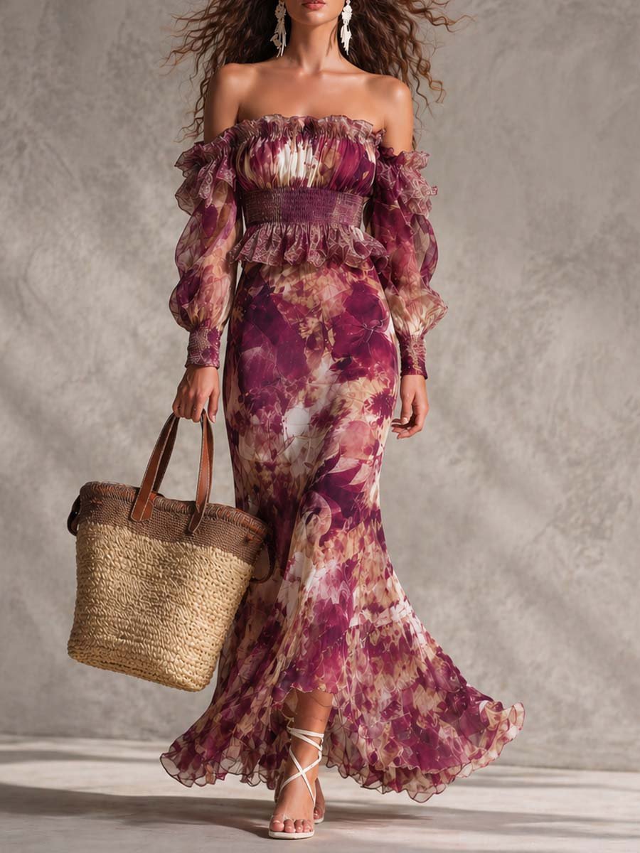 Rose Pink Floral Off-Shoulder Chiffon Maxi Dress Hero
