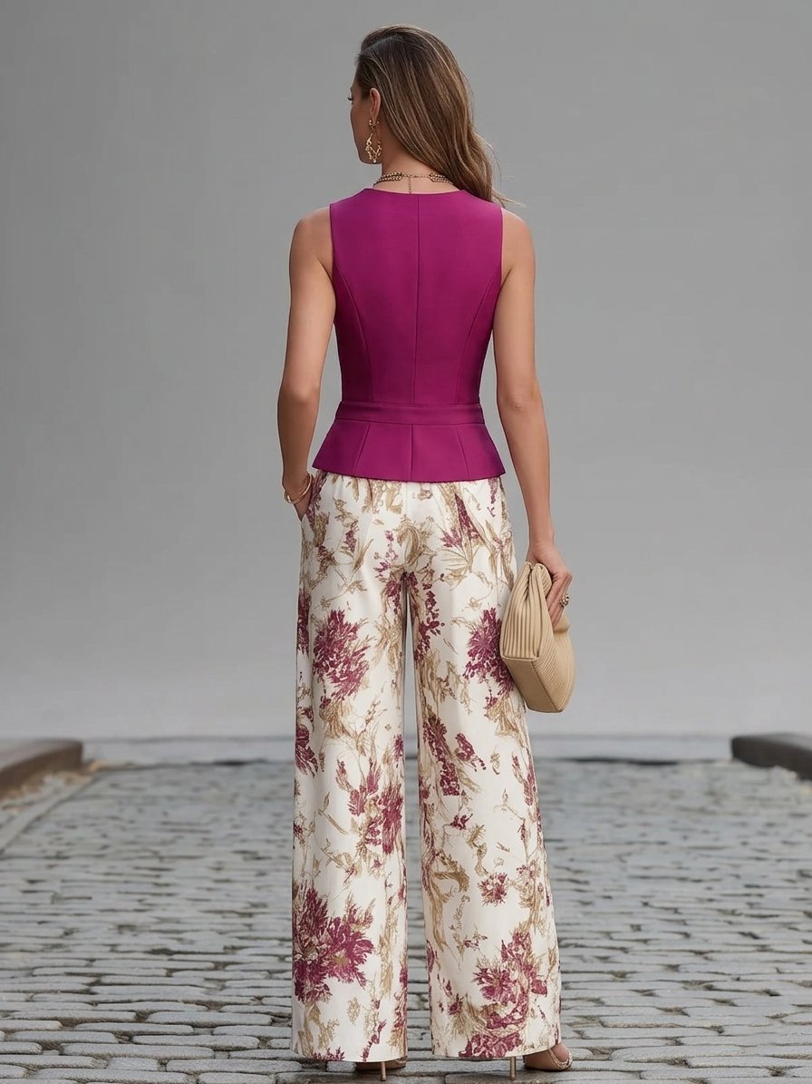 Rose Pink Sleeveless Vest And Floral Printed Wide-leg Pants Set Front