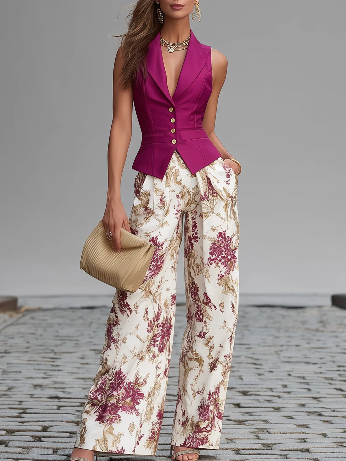 Rose Pink Sleeveless Vest And Floral Printed Wide-leg Pants Set Hero