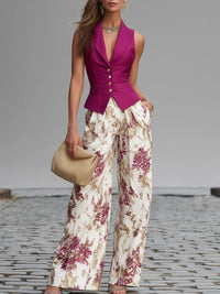 Rose Pink Sleeveless Vest And Floral Printed Wide-leg Pants Set Hero