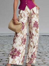 Rose Pink Sleeveless Vest And Floral Printed Wide-leg Pants Set Side