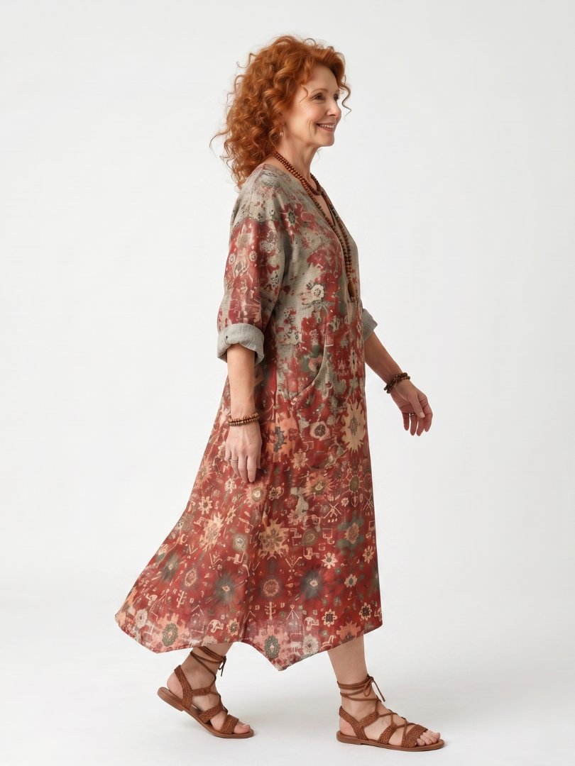 Saffron | Mixed Pattern Relaxed Pocket Midi Dress Front