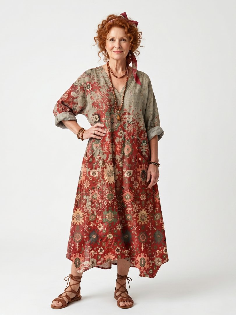 Saffron | Mixed Pattern Relaxed Pocket Midi Dress Hero