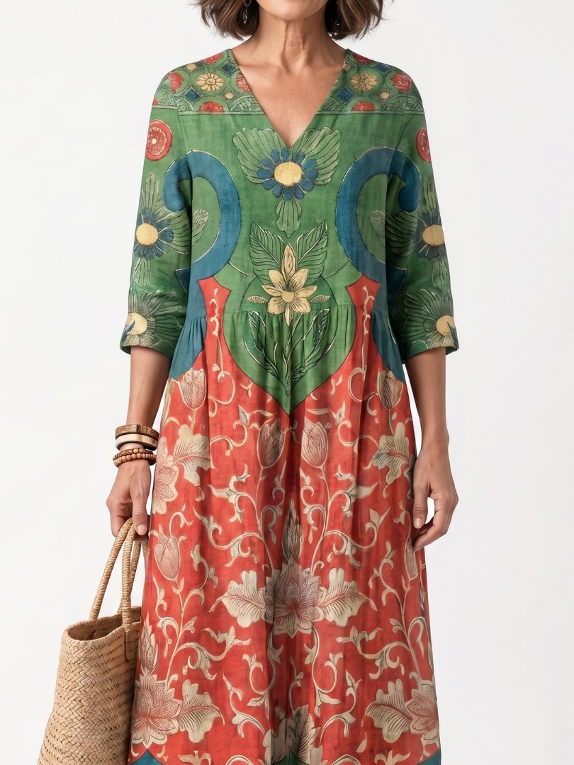 Sloane | Mixed Print V Neck Pocket Midi Dress Detail