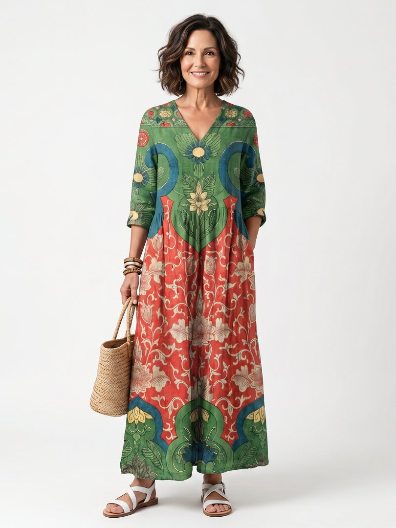 Sloane | Mixed Print V Neck Pocket Midi Dress Hero