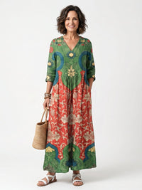 Sloane | Mixed Print V Neck Pocket Midi Dress Hero