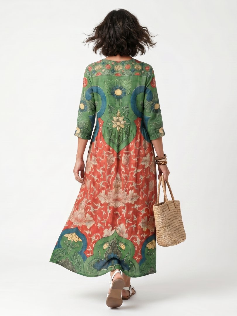 Sloane | Mixed Print V Neck Pocket Midi Dress Side