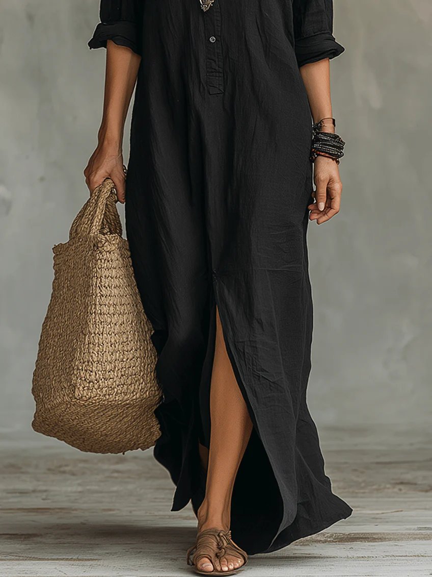 Soline™ | Loose Black Maxi Dress with Buttons Back