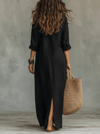 Soline™ | Loose Black Maxi Dress with Buttons Detail