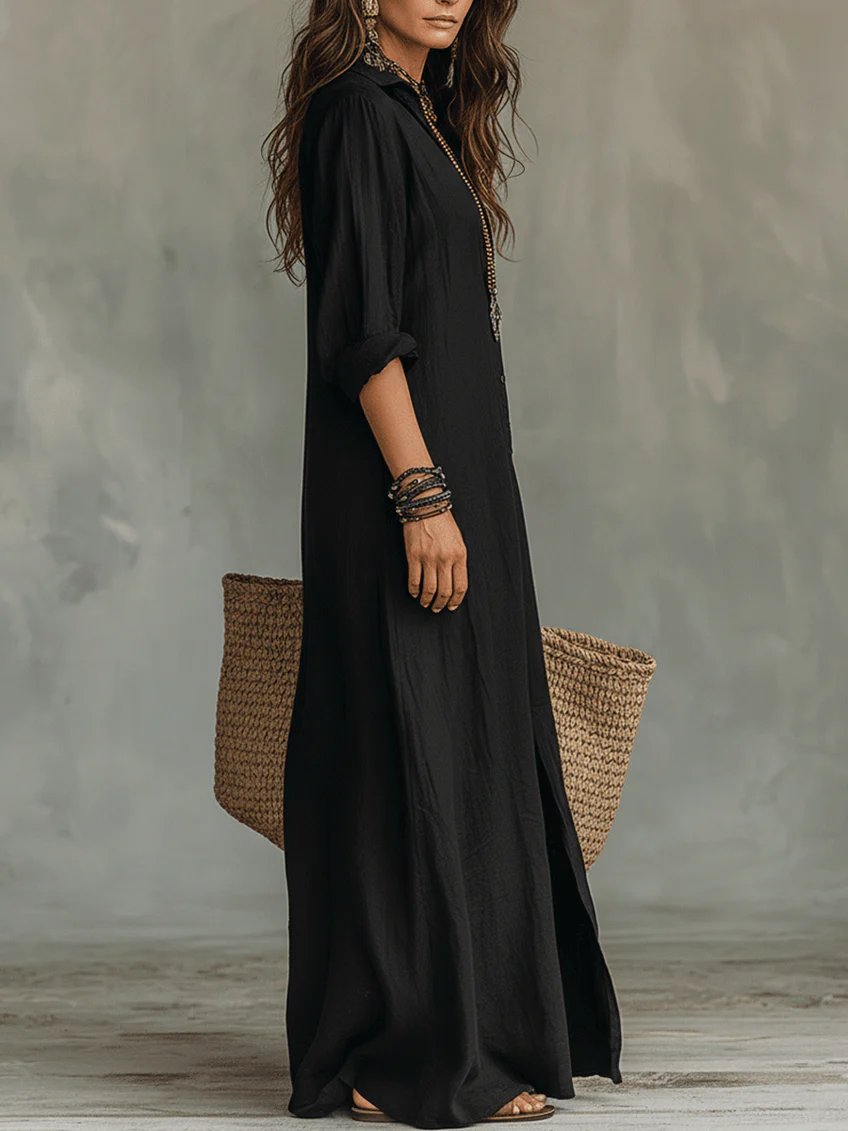 Soline™ | Loose Black Maxi Dress with Buttons Front