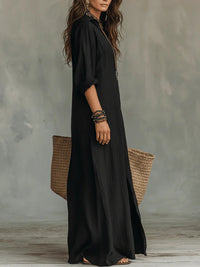 Soline™ | Loose Black Maxi Dress with Buttons Front