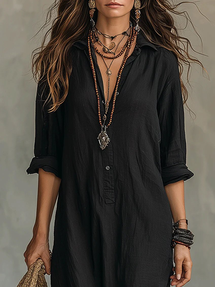 Soline™ | Loose Black Maxi Dress with Buttons Side